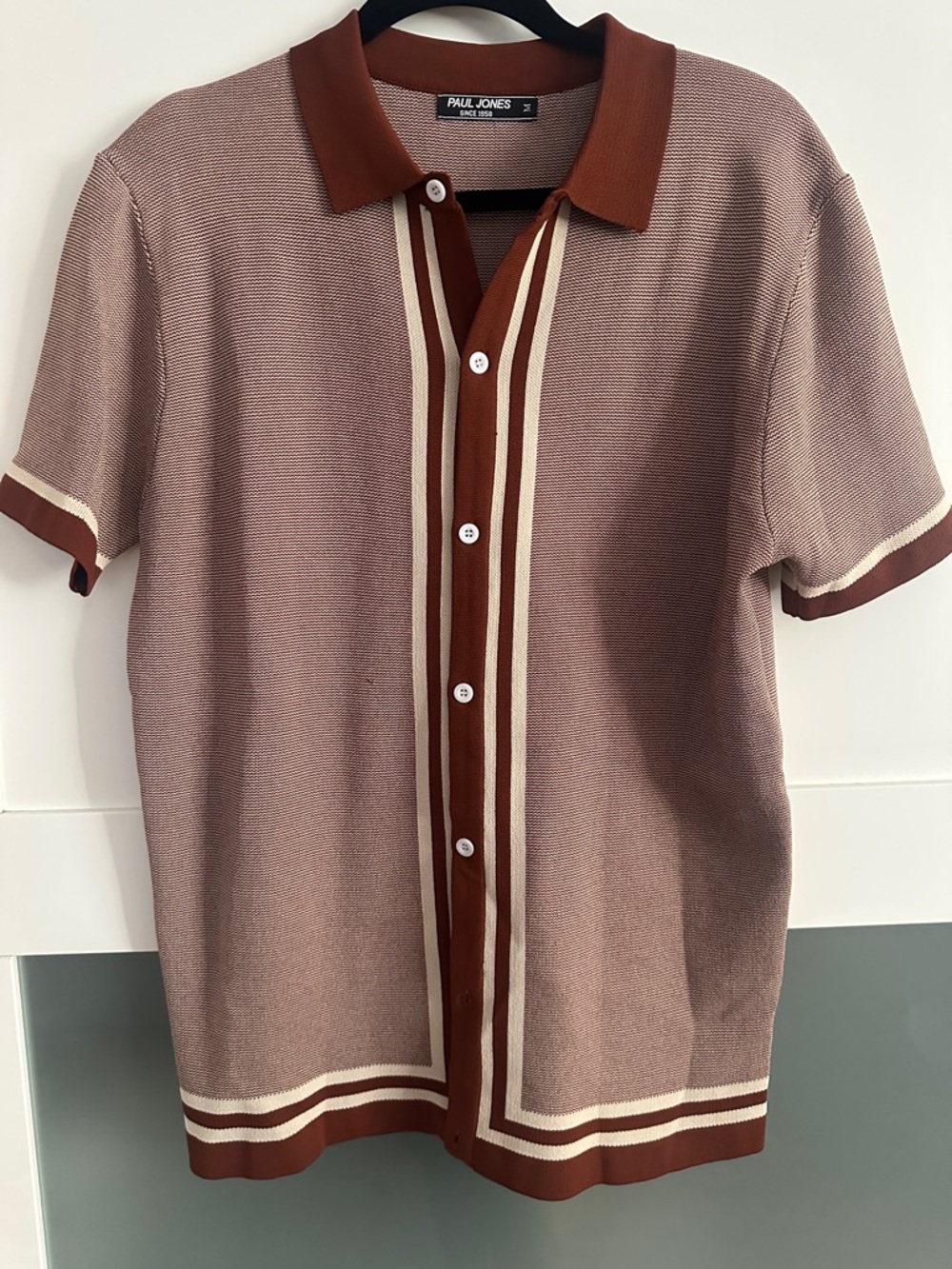 Paul Jones Rust Brown Knit Polo with Cream Stripe Trim